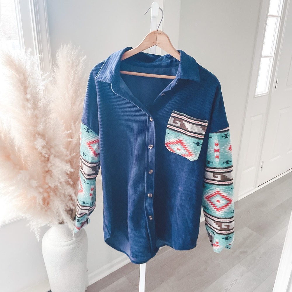 Blue Corduroy Button-Up Jacket with Aztec Print Sleeves